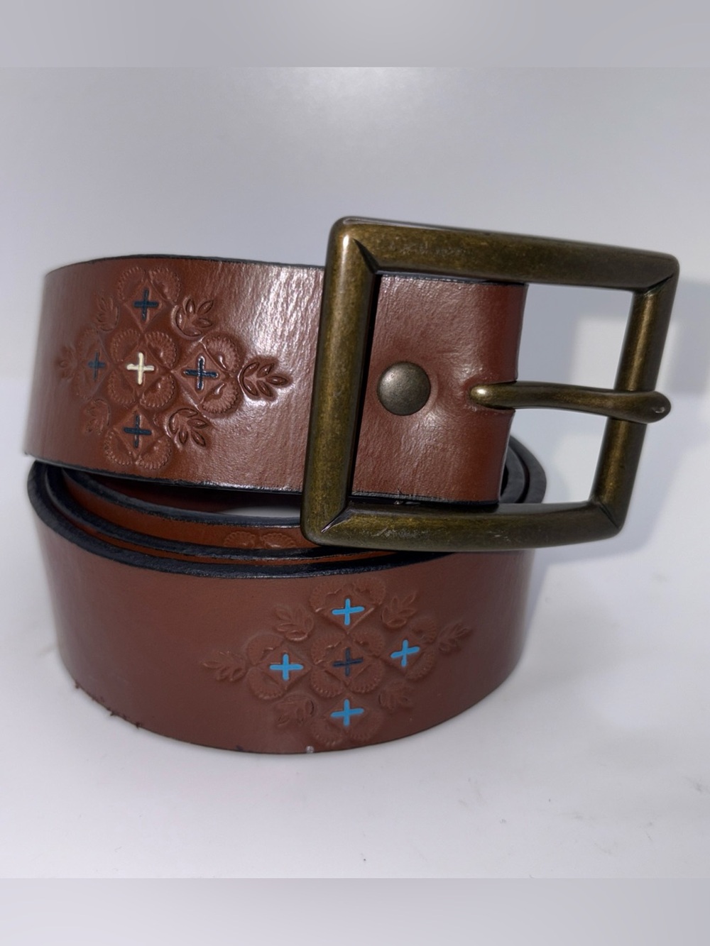 Genuine Leather Tooled Belt Size L Brown Blue Brass Buckle Western Boho Unisex